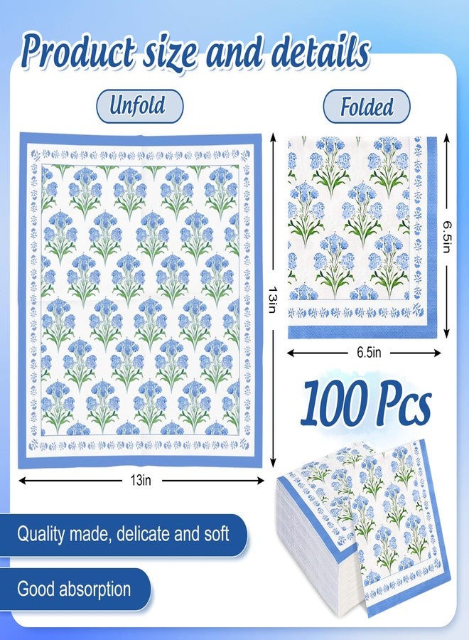 Whaline 100Pcs Hydrangea Paper Napkins Watercolor Floral Luncheon Napkin Disposable Blue Flower Dinner Dessert Napkin for Wedding Bridal Baby Shower Party Supplies - Image 2